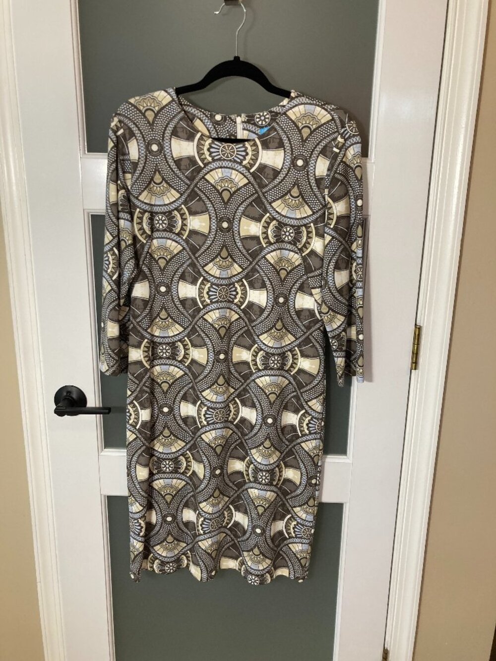 J. McLaughlin Devon Sheath Dress Brown Tan Mosaic Geometric 3/4 Sleeve Size M